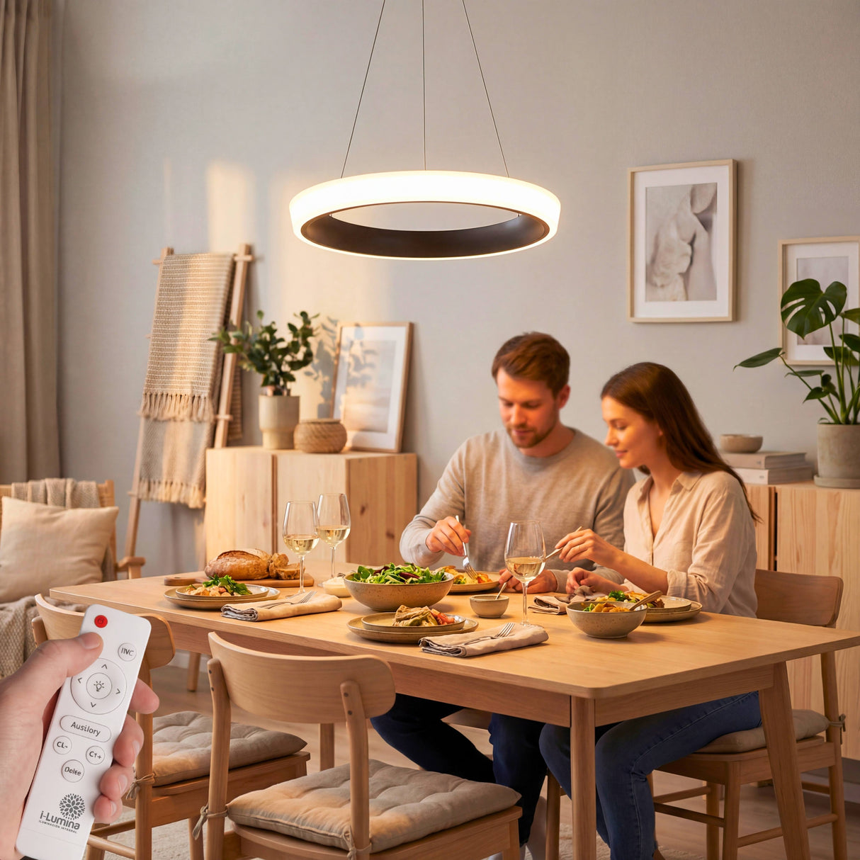 Lámpara de suspensión sobre mesa de comedor de madera en ambiente de arquitectura nórdica.