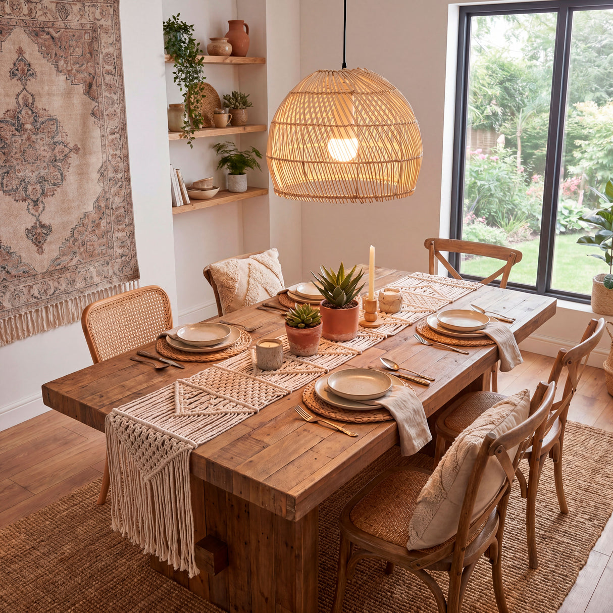 Lámpara orgánica sobre mesa de madera rústica en ambiente con abundante luz natural.