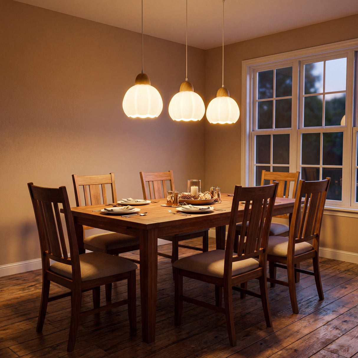 Lámpara de techo lineal sobre mesa de comedor de madera de 6 sillas.