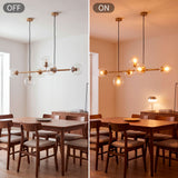 Comparativa de luz de la lámpara Amber Line Gold apagada y encendida en comedor de madera.
