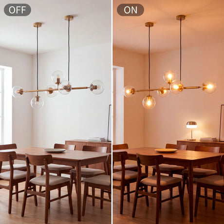 Comparativa de luz de la lámpara Amber Line Gold apagada y encendida en comedor de madera.