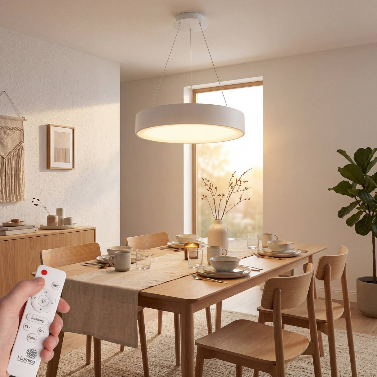 Luminaria de suspensión blanca sobre mesa de comedor de madera en ambiente nórdico.