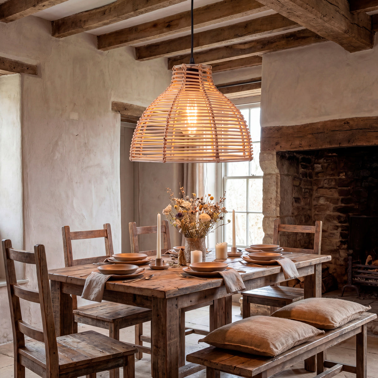 Lámpara Brisa sobre mesa de comedor antigua en casa de estilo rústico reformado.