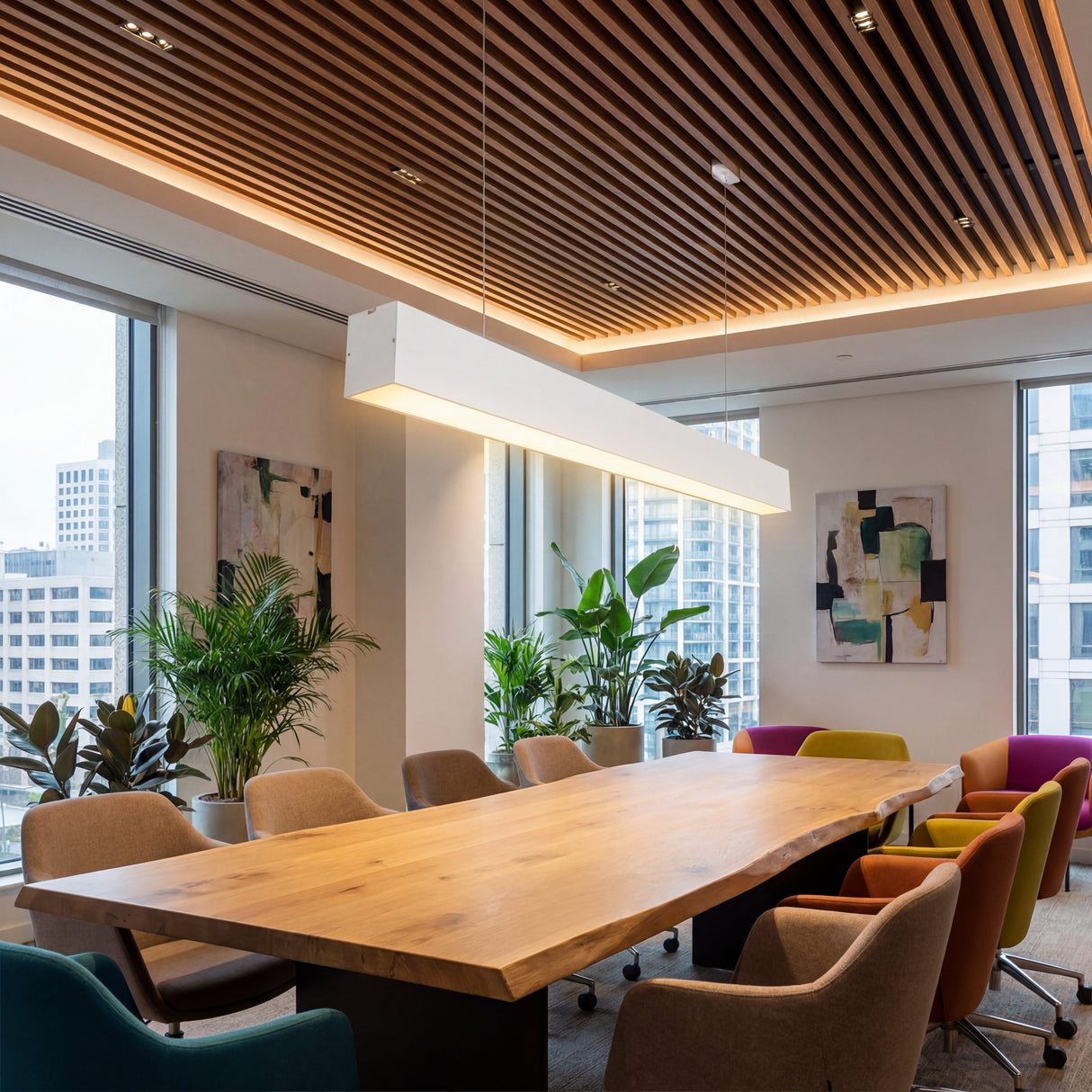 Lámpara colgante blanca sobre mesa de madera en comedor con iluminación de acento.