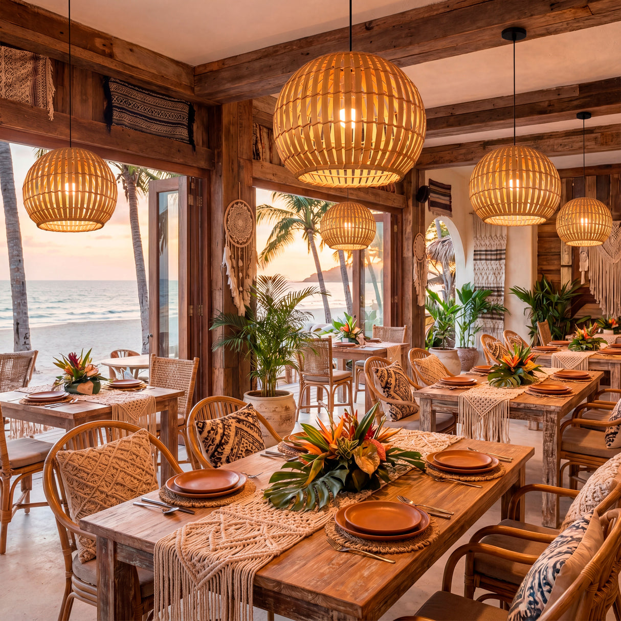Ambiente de comedor abierto con plantas exóticas y múltiples lámparas Nicole suspendidas.