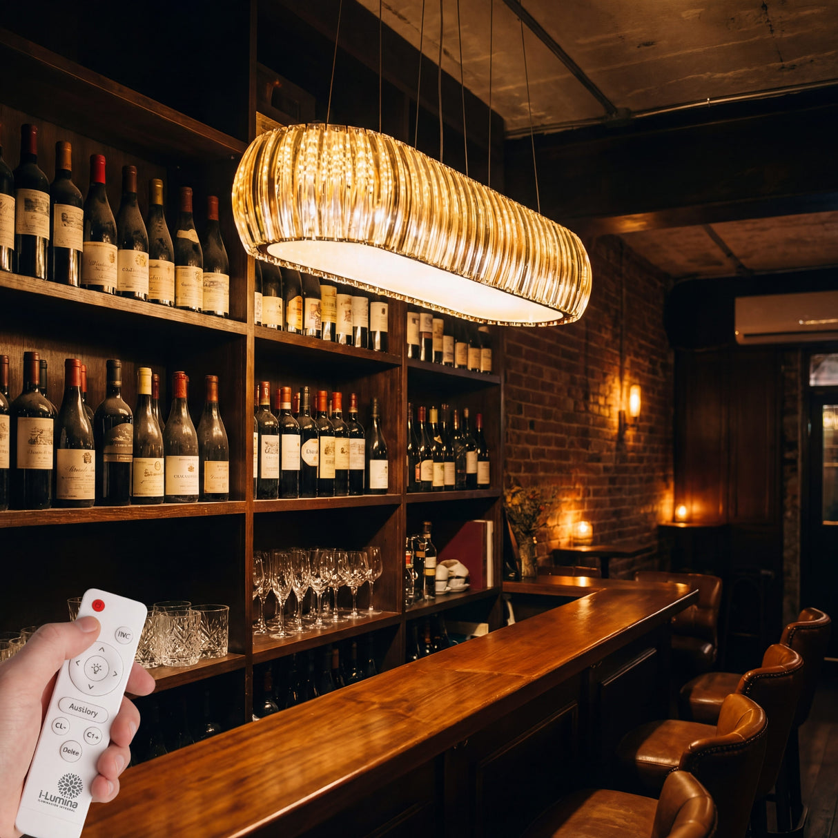 Ambiente de barra de bar con iluminación focalizada ámbar y atmósfera de diseño sofisticado.