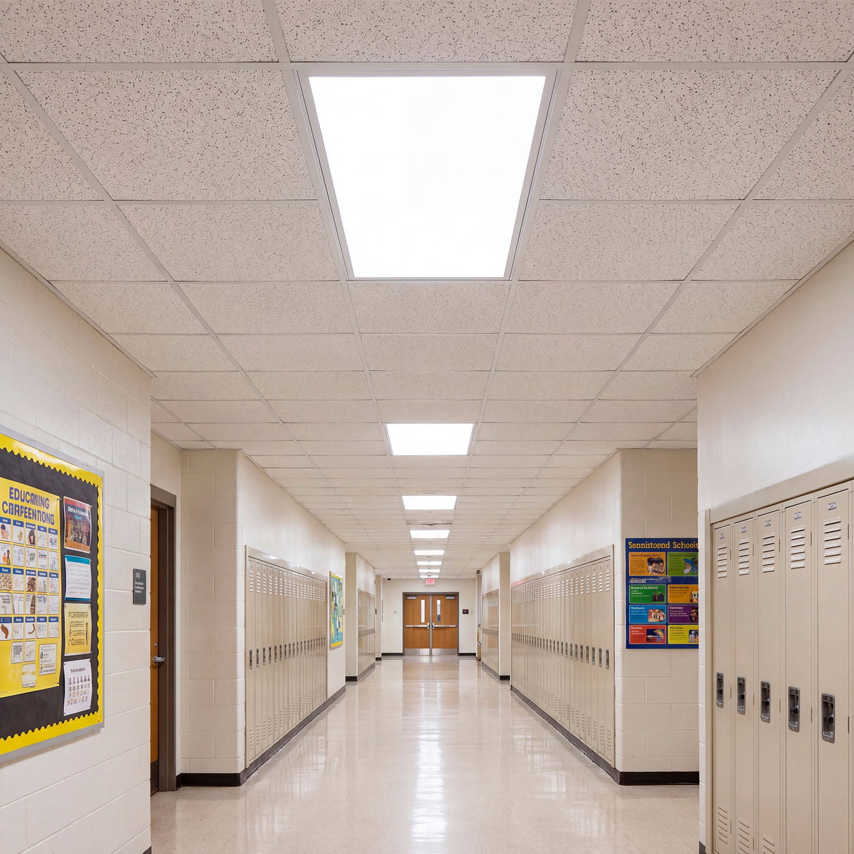 Línea central de plafones rectangulares instalada en falsos techos de pasillos educativos de tránsito fluido.