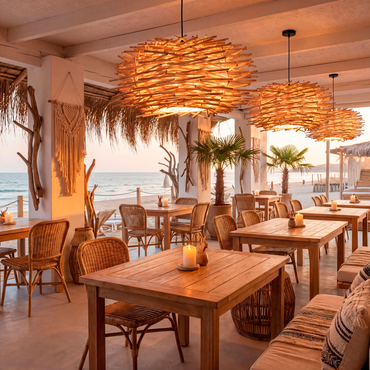 Conjunto de lámparas de bambú en restaurante abierto con mesas de madera.