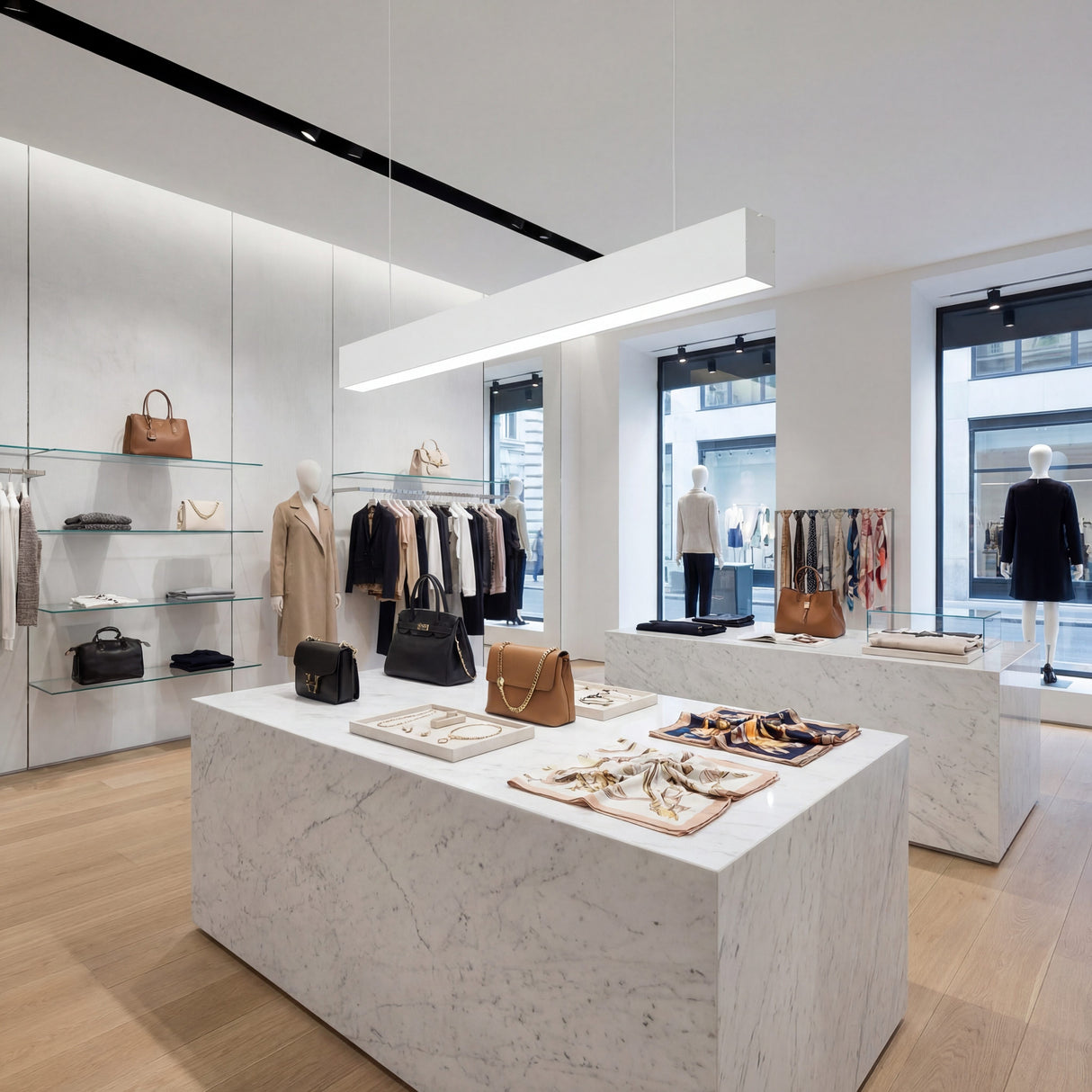 Foco lineal LED sobre isla de exposición en tienda de ropa con diseño de interiores limpio.