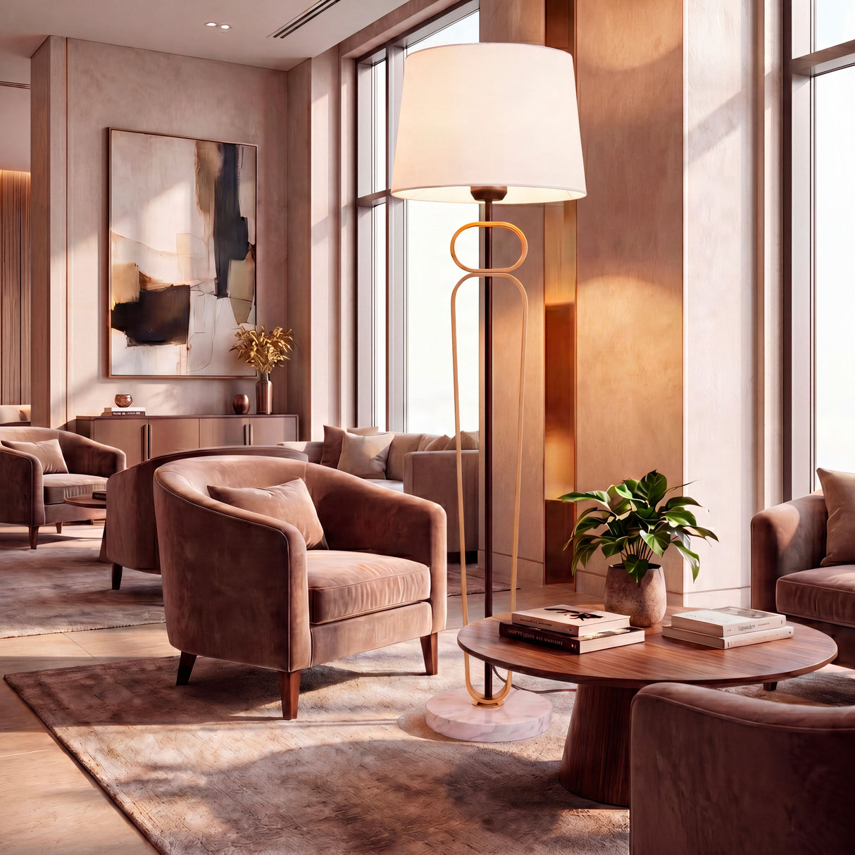 Iluminación técnica de soporte en la zona de lounge de una recepción corporativa de lujo.