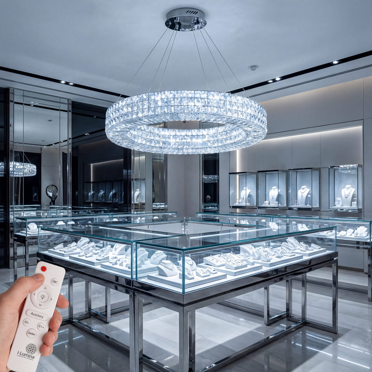 Aplicación de iluminación técnica en showroom comercial con alto índice de reproducción cromática.