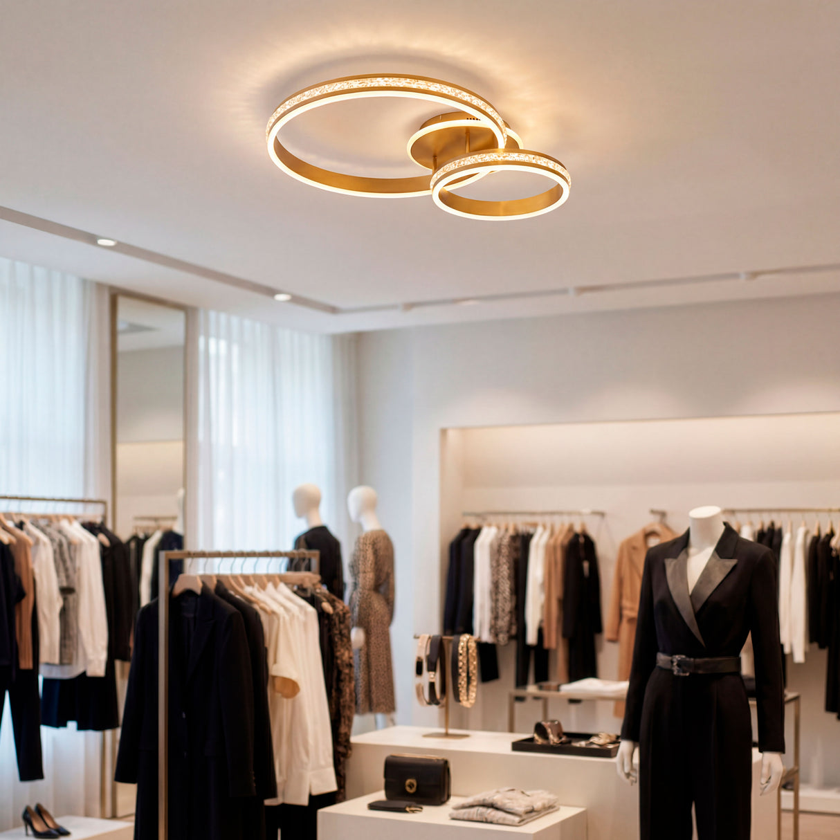 Aplicación de plafón Isabel Dúo en tienda de ropa de alta gama con luz brillante.