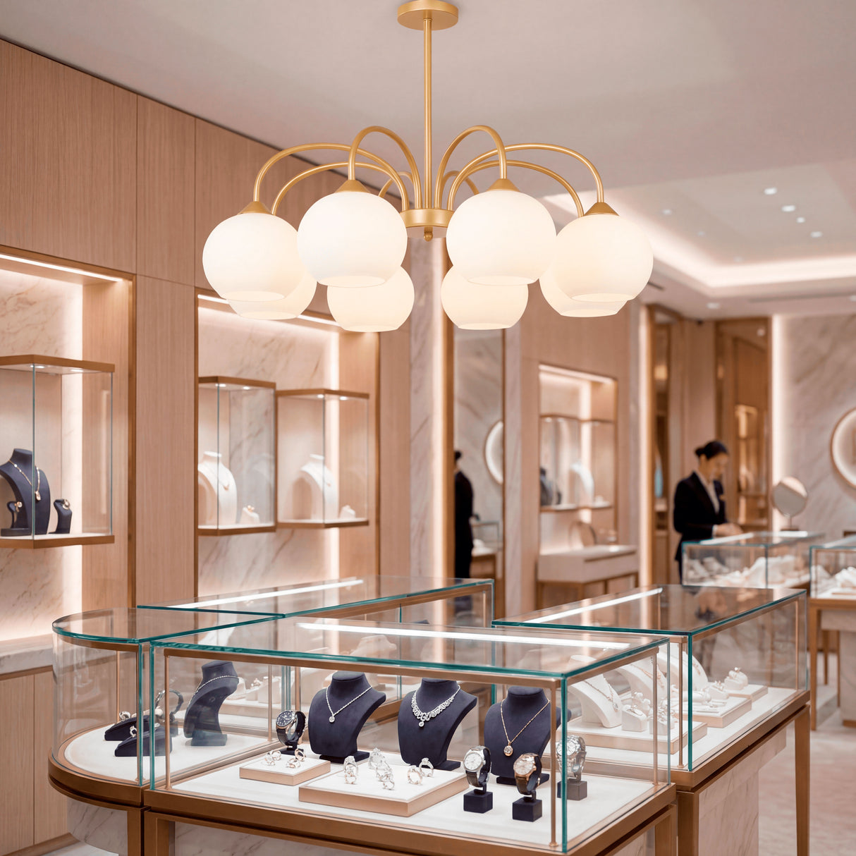Lámpara Sputnik Victoria Gold suspendida sobre vitrinas de exhibición en tienda de lujo.