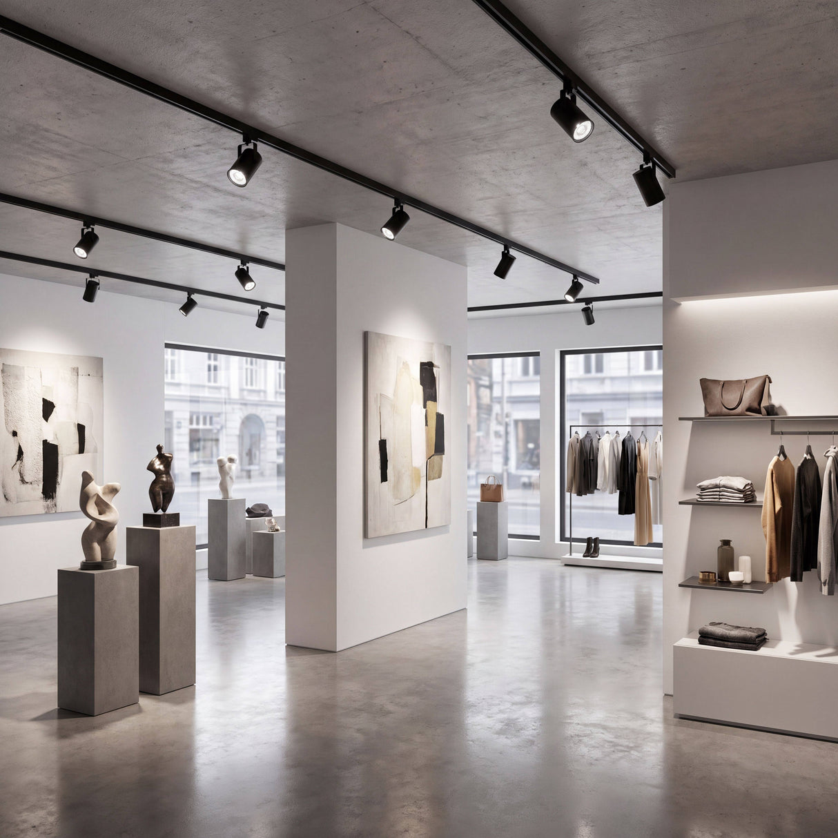 Aplicación de focos orientables en rieles de techo para destacar productos en arquitectura comercial.