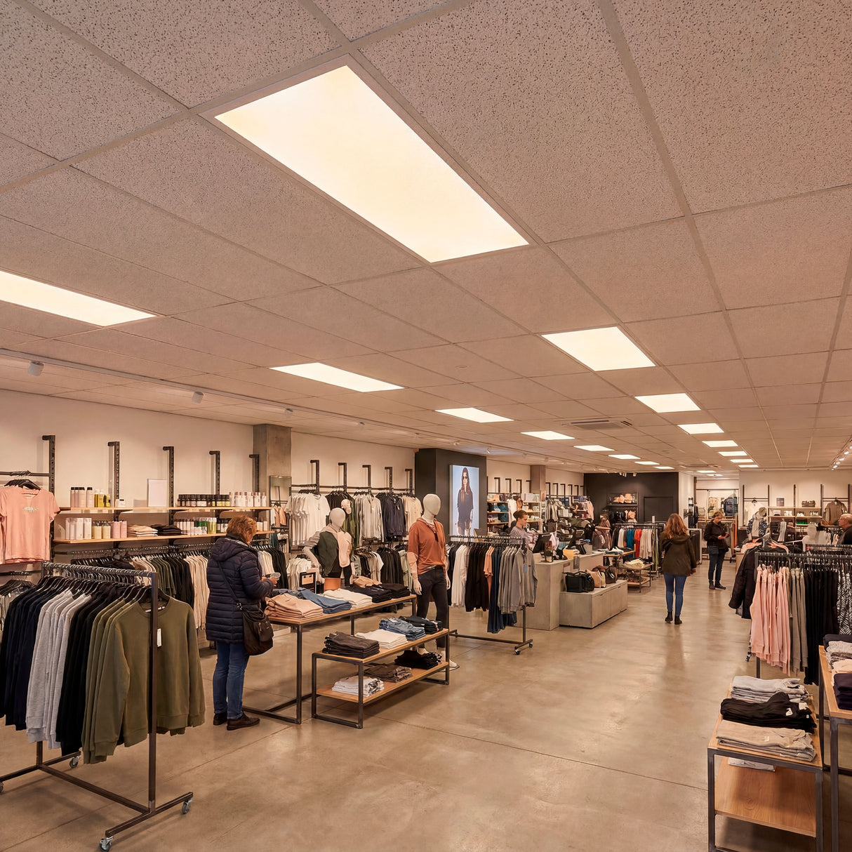 Iluminación de falsos techos modulares en centros comerciales que resalta los acabados y colores de los productos.