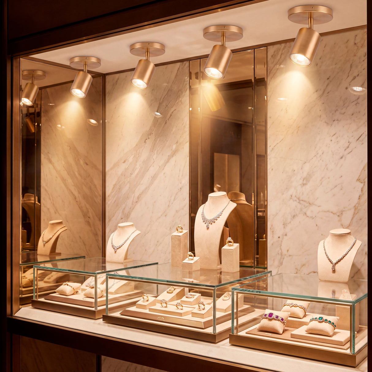 Iluminación técnica comercial de alto rendimiento para resaltar productos de lujo en vitrinas.