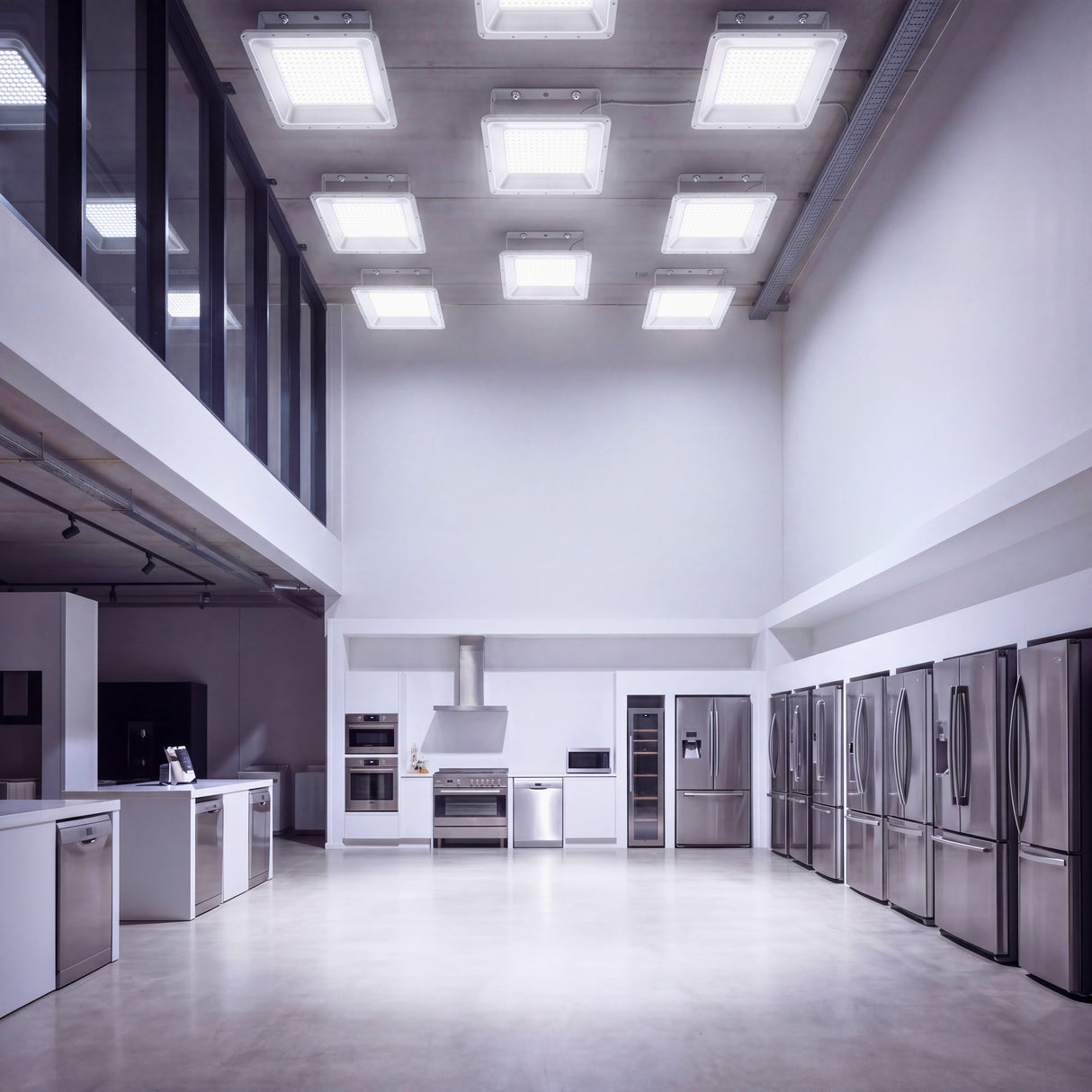 Techo técnico comercial de diseño geométrico con módulos empotrados de luz blanca de alta potencia.