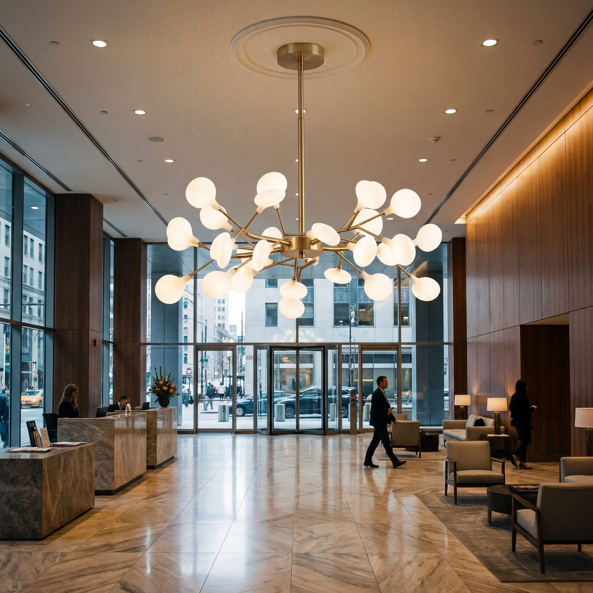 Lampara de diseño Sputnik Nativa Gold para iluminacion comercial en tiendas de lujo.