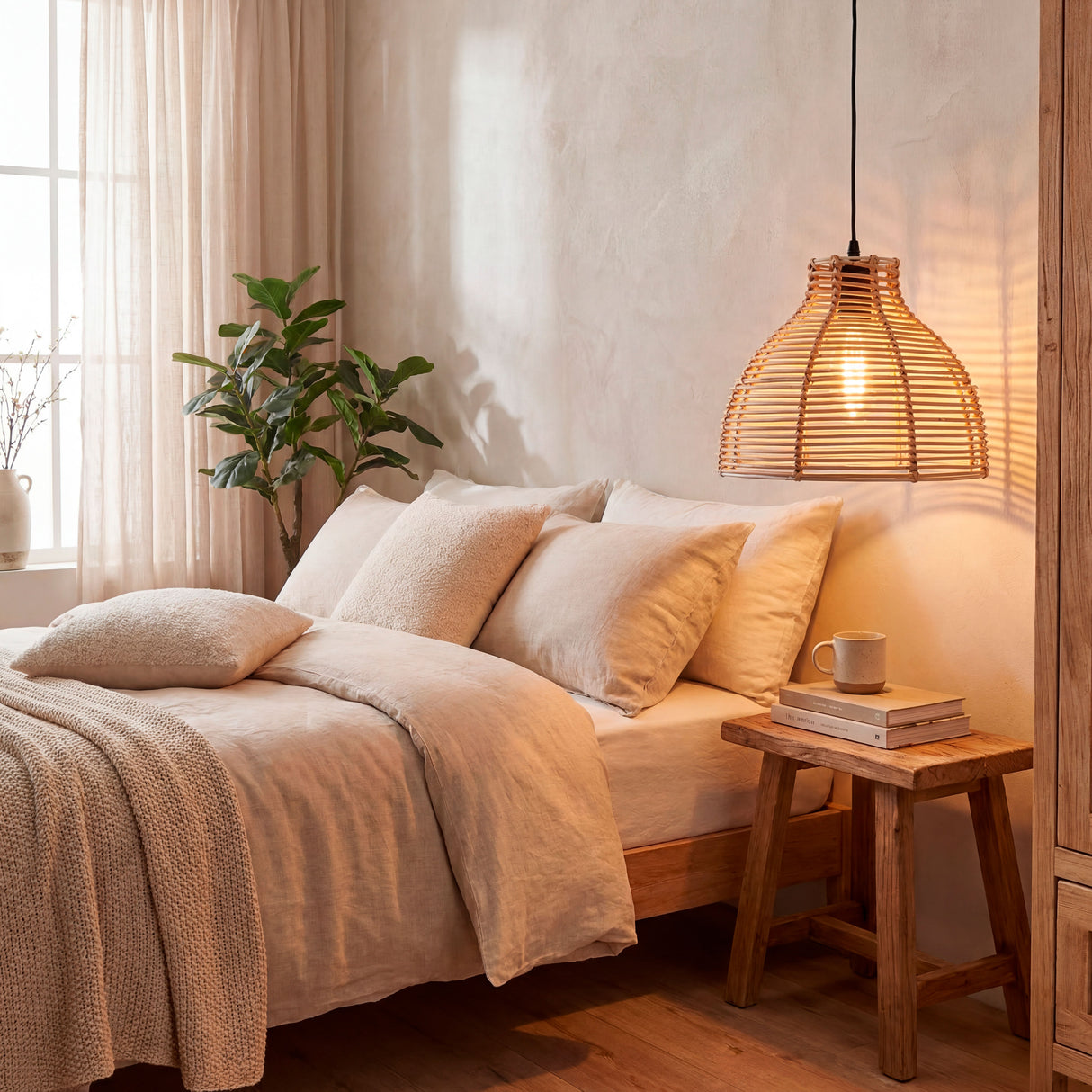 Lámpara Brisa en dormitorio de diseño limpio, proporcionando luz suave para el descanso.
