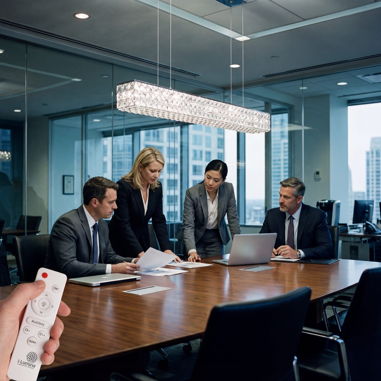 Luminaria profesional sobre mesa de reuniones para optimizar el confort visual laboral.