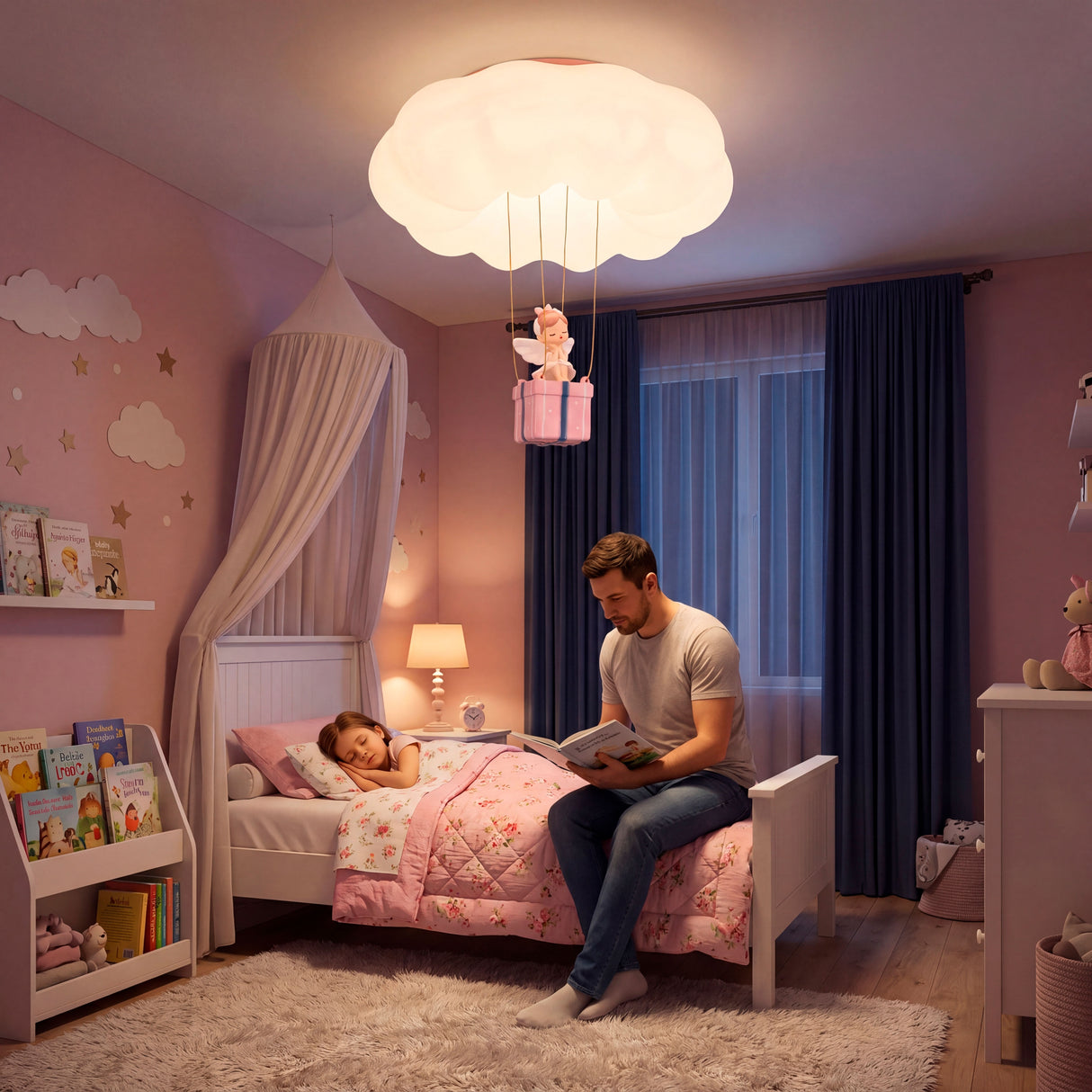 Ambiente íntimo de lectura bajo la luz tenue de la nube LED en dormitorio infantil.