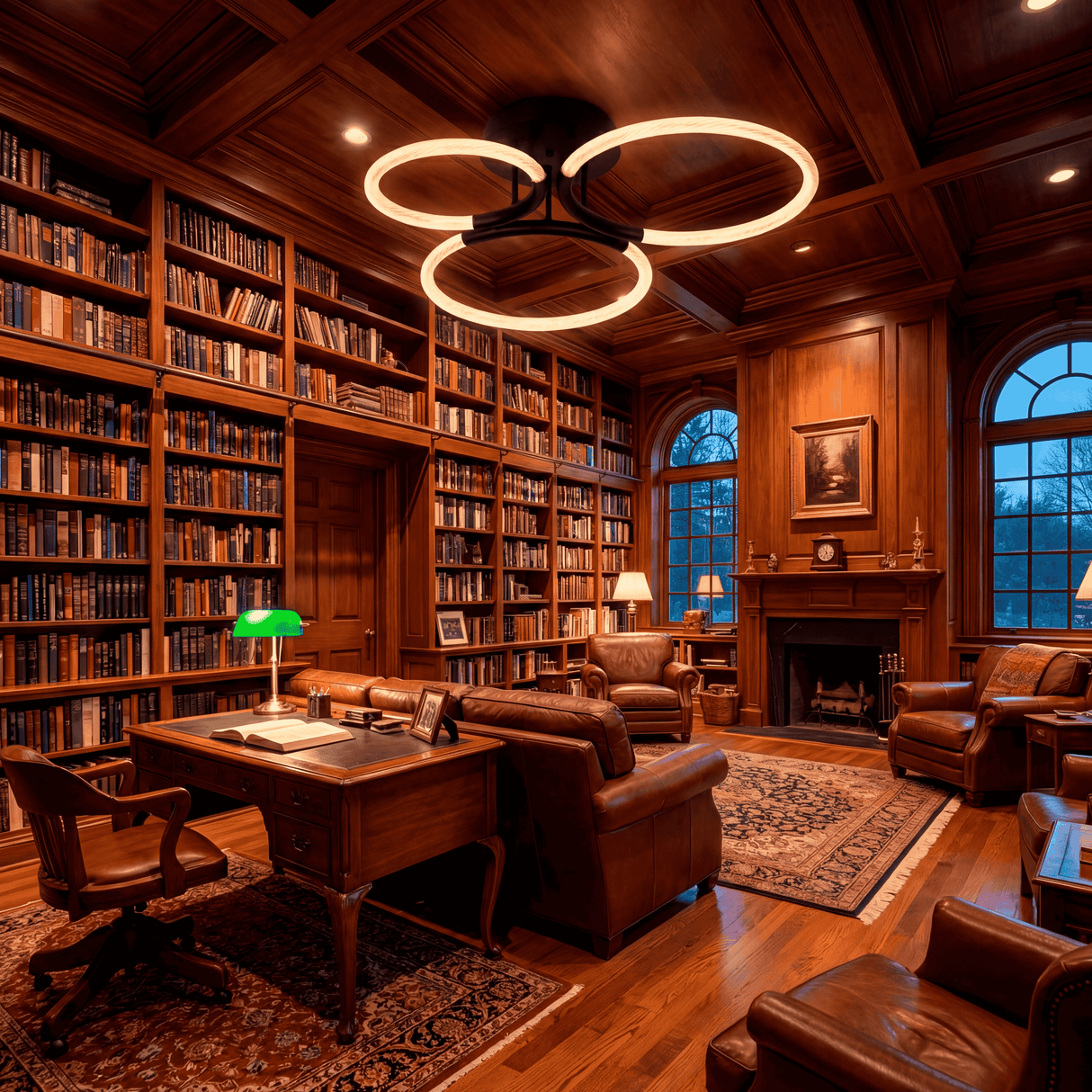Contraste de tecnología LED en biblioteca con estanterías de madera maciza y cuero.