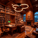Contraste de tecnología LED en biblioteca con estanterías de madera maciza y cuero.