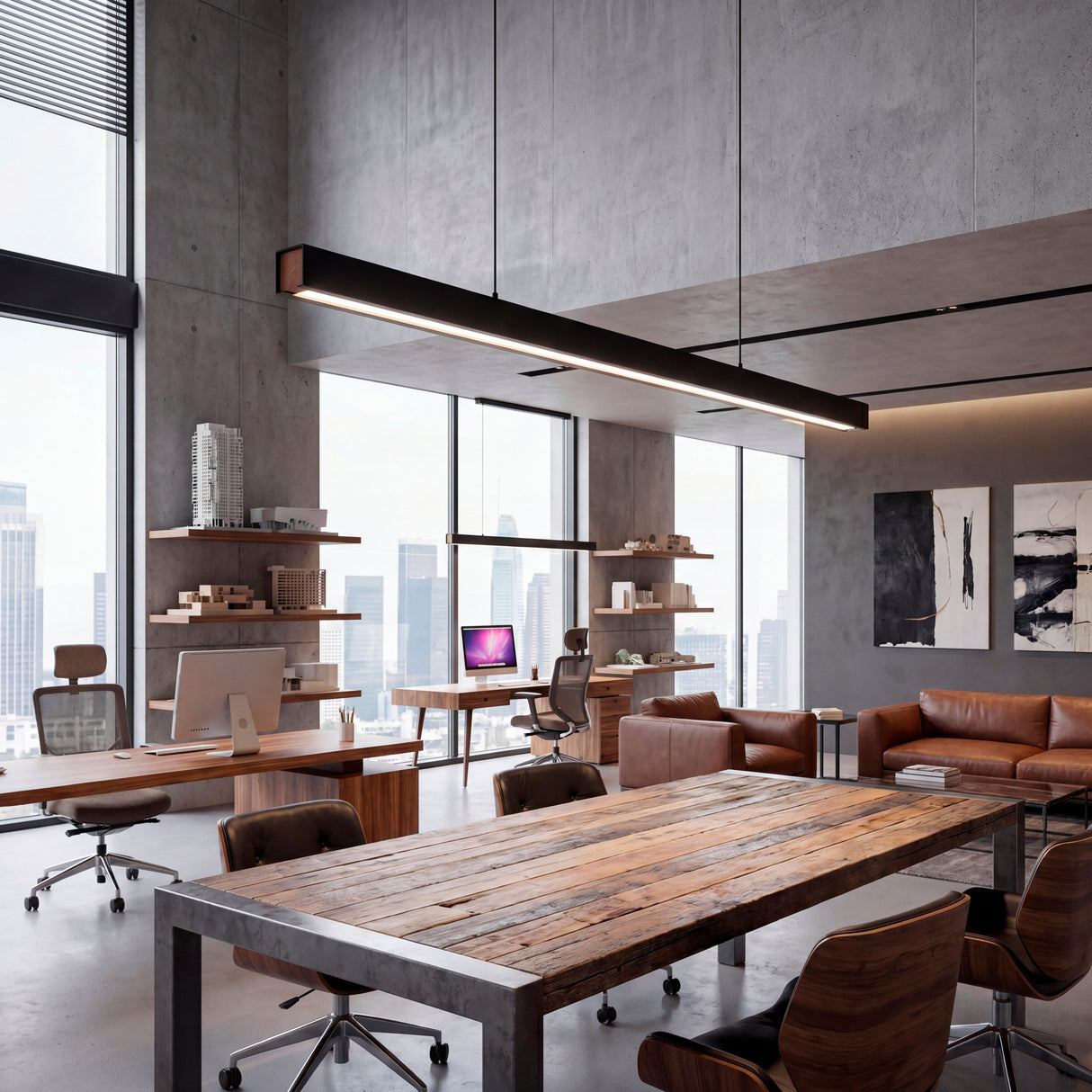 Lámpara lineal sobre mesa de trabajo rústica en oficina de arquitectura con luz neutra.