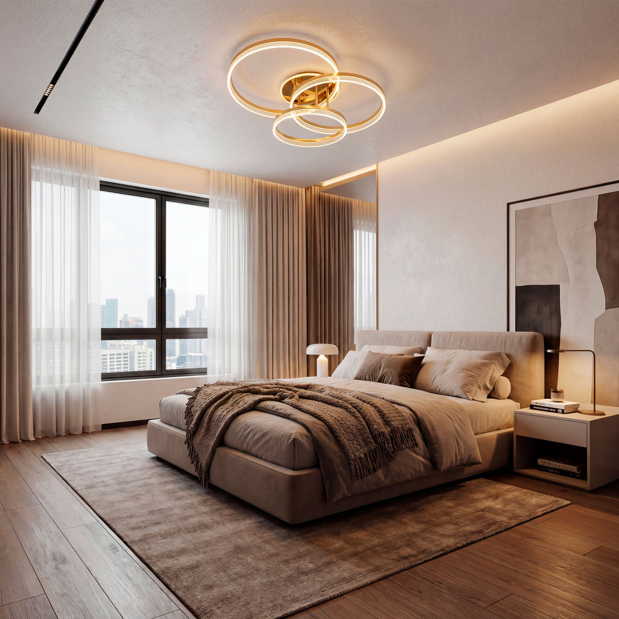 Lámpara Elena Gold en dormitorio de lujo con iluminación suave y arquitectura moderna.