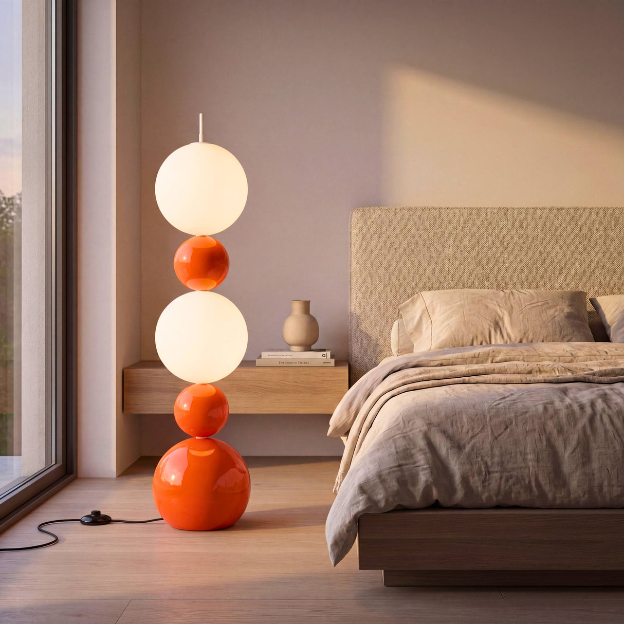 Luminaria de pie creando una atmósfera cálida junto a la cama en un dormitorio contemporáneo.