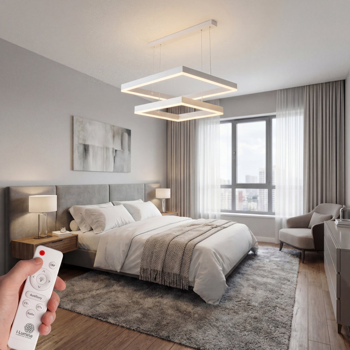 Lámpara de 2 cuadrados LED blancos instalada en dormitorio principal minimalista