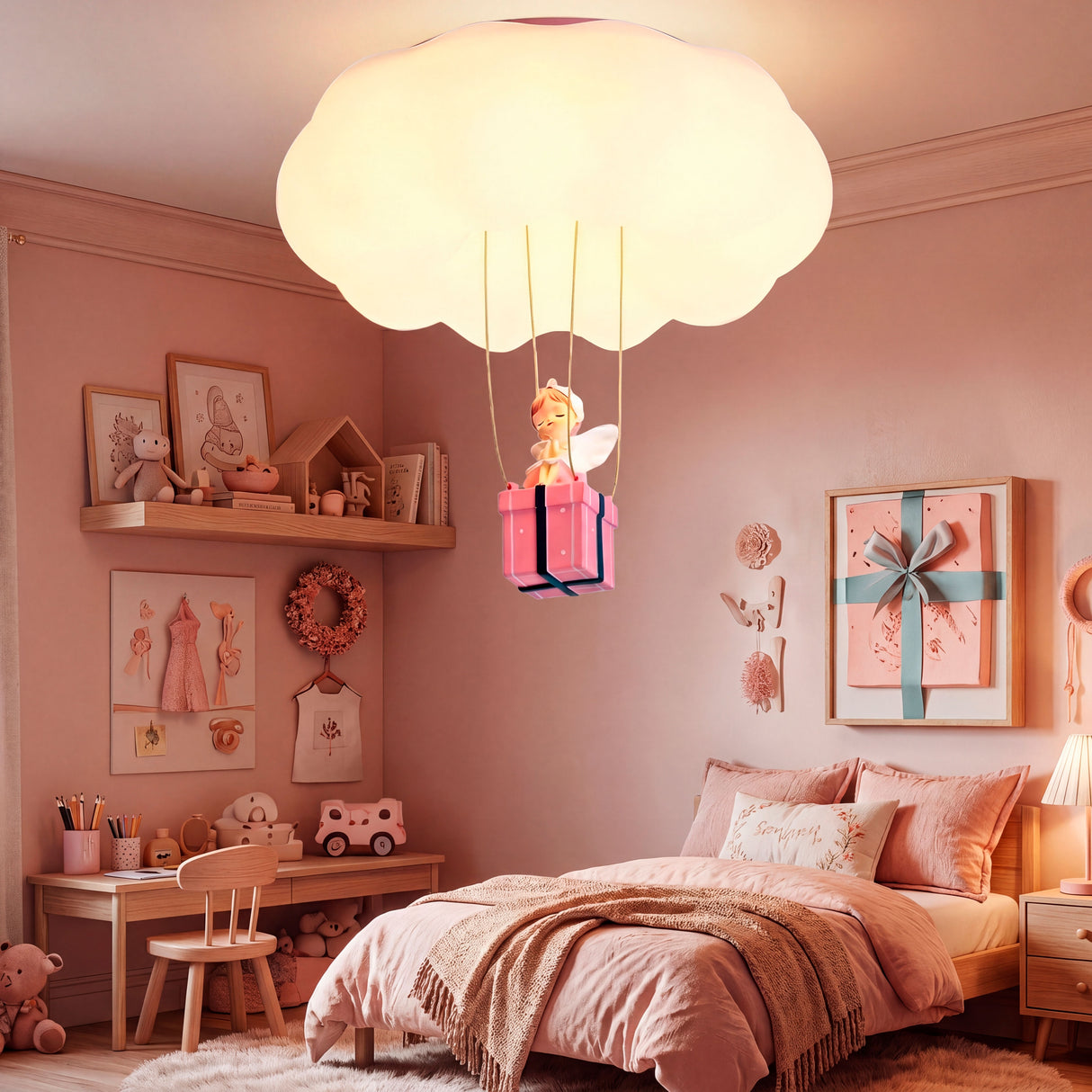 Plafón de nube iluminada sobre zona de estudio infantil con tonos pastel.
