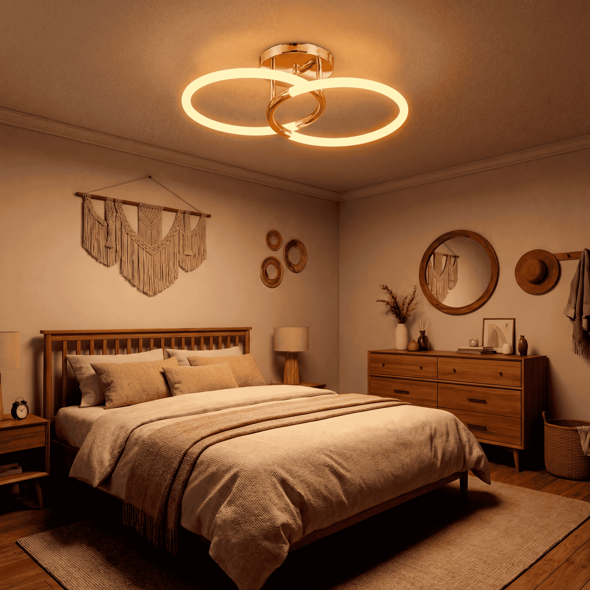 Lámpara de techo central en habitación moderna con decoración en tonos neutros.
