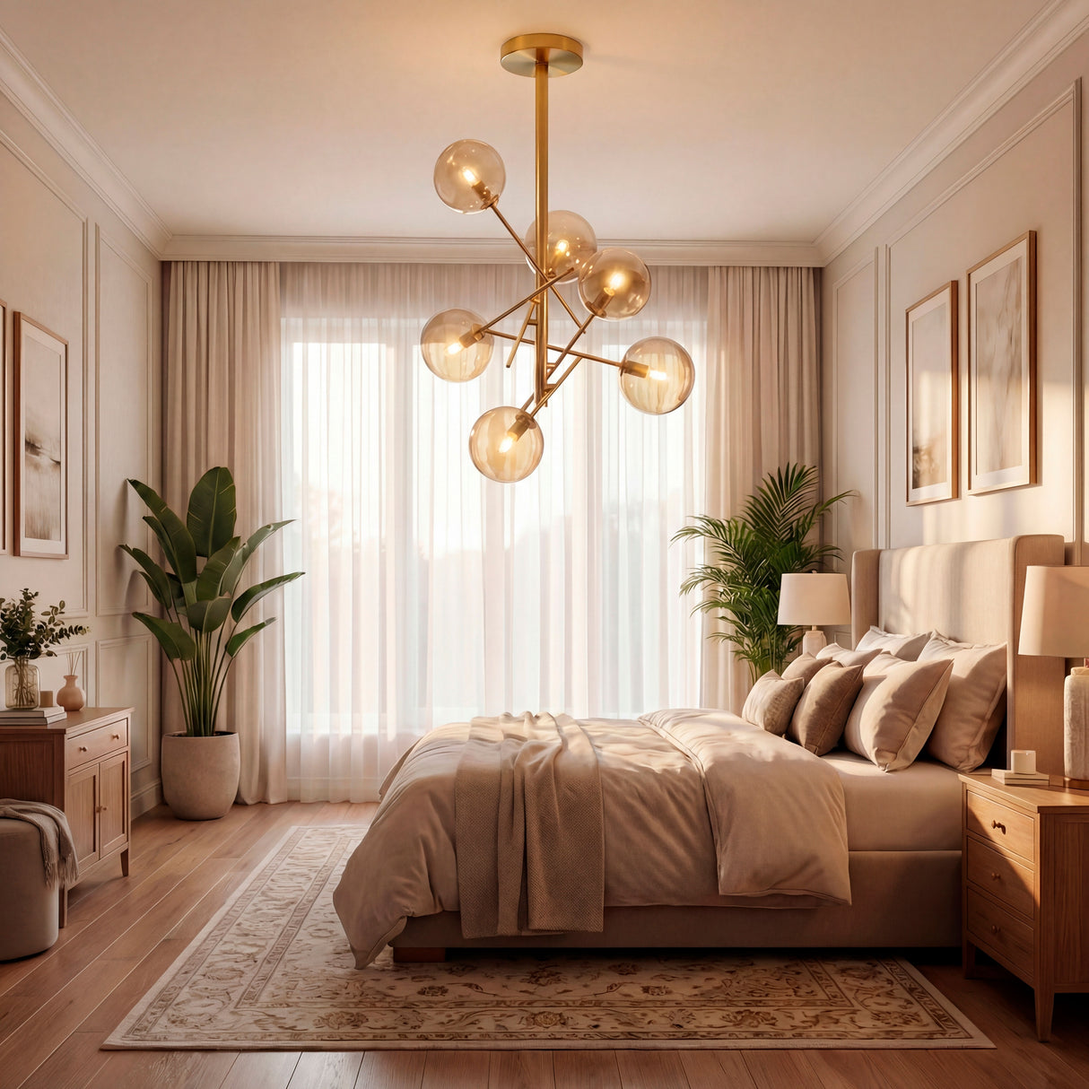 Lámpara de techo central en habitación principal con tonos neutros y diseño elegante.