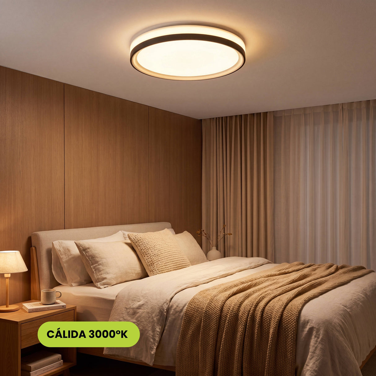 Aplicación residencial de plafón circular en tono cálido complementando el diseño interior de una habitación.