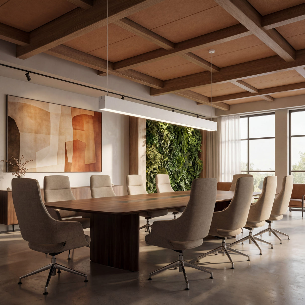 Lámpara de gran formato sobre mesa de juntas en sala de conferencias.