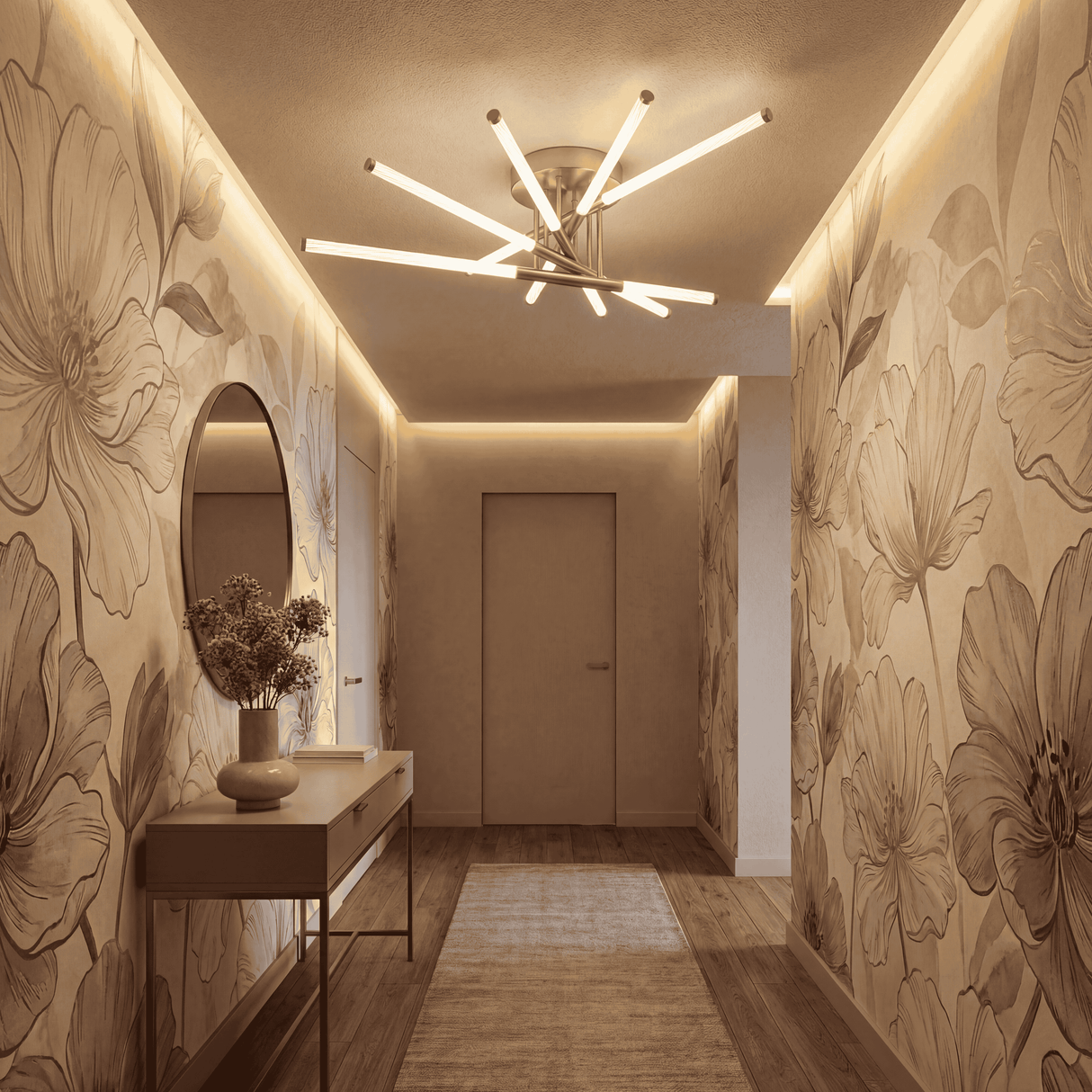 Lámpara de diseño en hall de entrada con papel pintado texturizado y luz indirecta.
