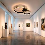 Luminaria circular en pasillo de galería resaltando obras de arte con luz blanca neutra.