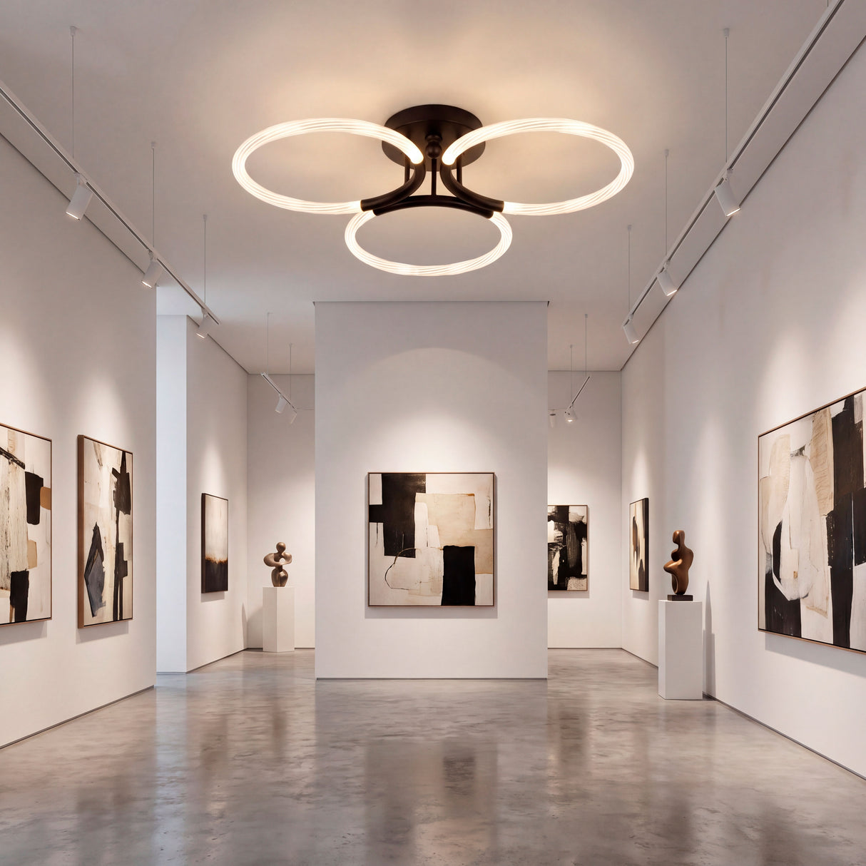 Lámpara de diseño radial en pasillo de galería resaltando obras con luz uniforme.