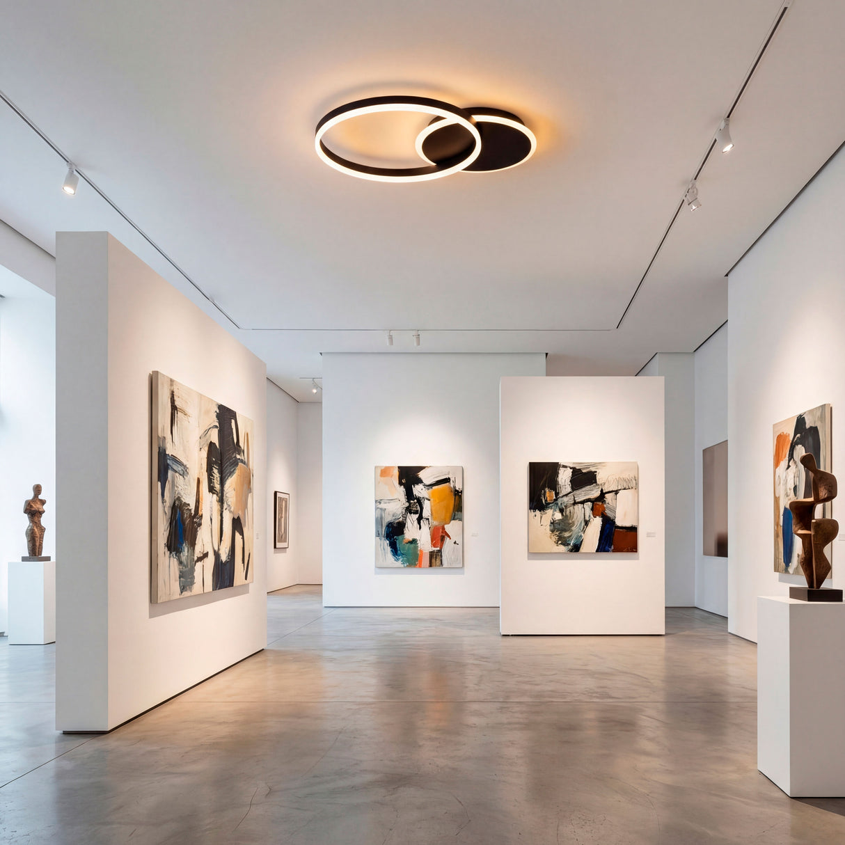Plafón LED de gran formato en pasillo de galería iluminando obras de arte con nitidez.