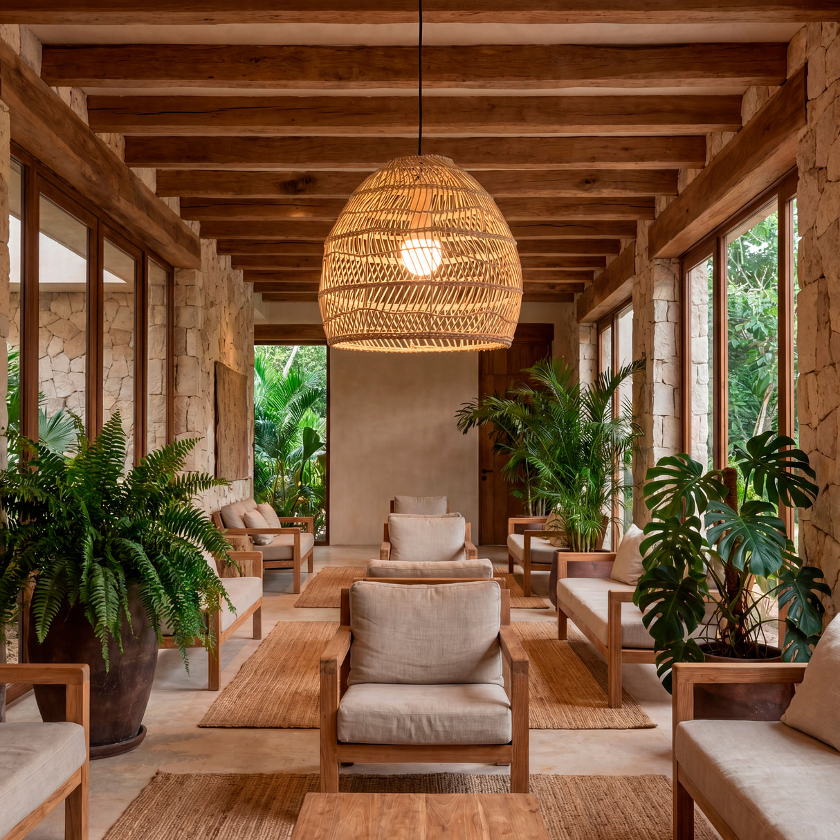 Punto de luz decorativo en estancia con mobiliario de mimbre y abundante vegetación.