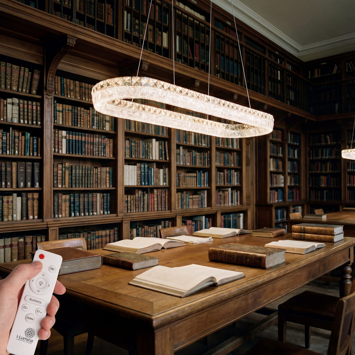 Luz técnica sobre mesa de madera en biblioteca, garantizando fidelidad de color y confort.