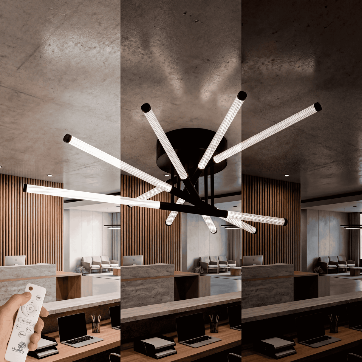 Plafón multiaxial para oficinas de diseño, proporcionando luz uniforme y difusa.