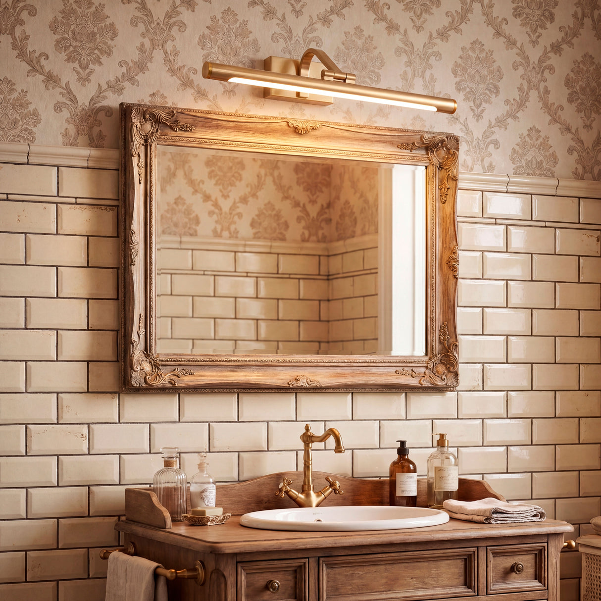 Lámpara Johana sobre espejo clásico en baño de diseño rústico con azulejos decorativos.