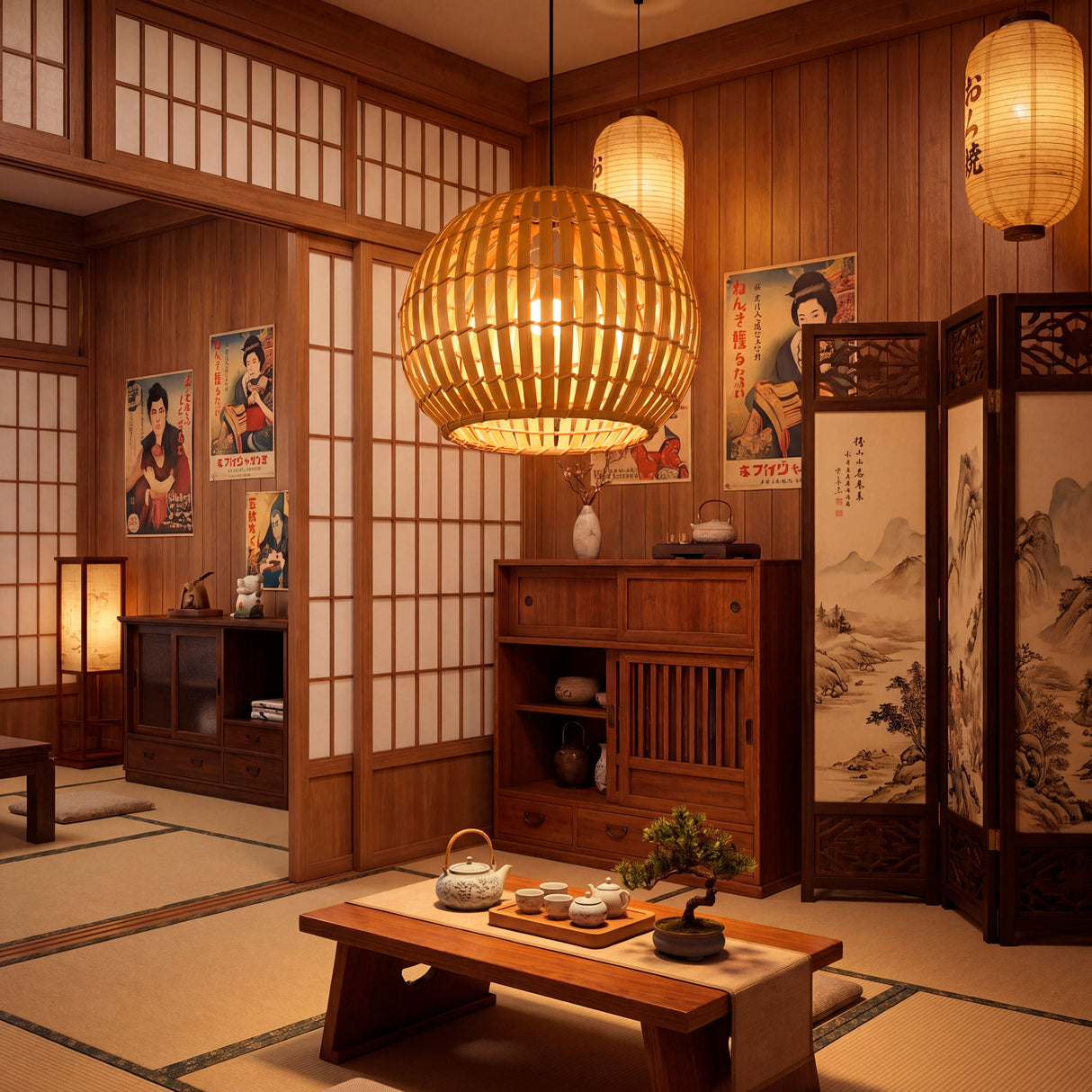 Lámpara Nicole integrada en un salón tradicional japonés con paneles shoji y mesa baja.
