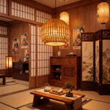 Lámpara Nicole integrada en un salón tradicional japonés con paneles shoji y mesa baja.