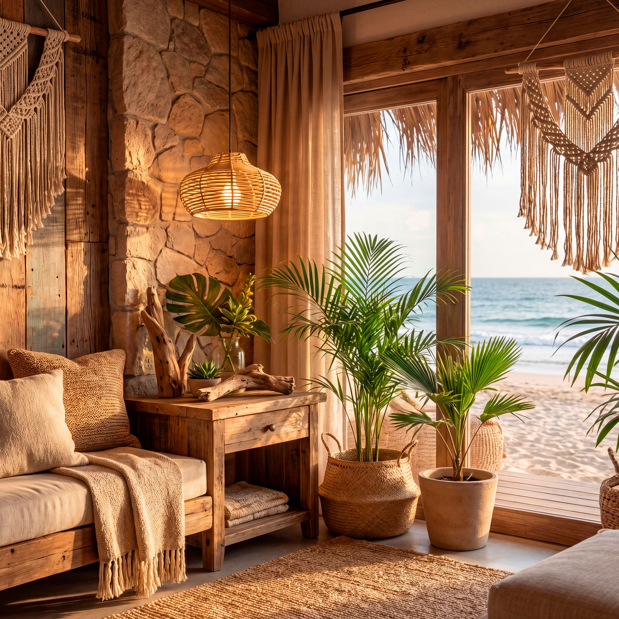 Lámpara orgánica en zona lounge con vistas al mar, plantas tropicales y decoración en rattan.