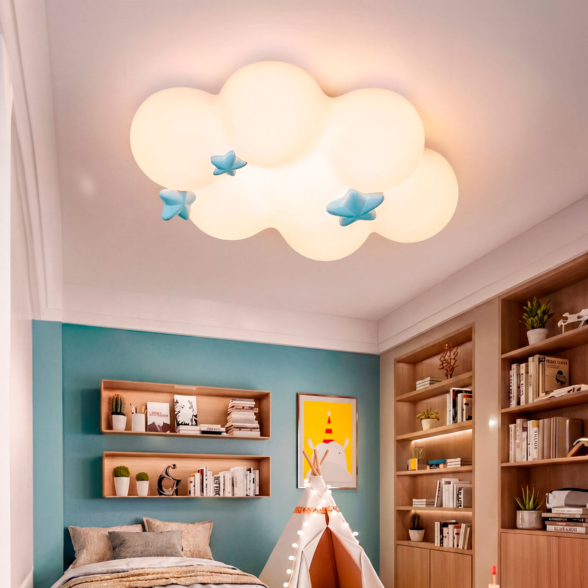 Plafón de nube en dormitorio con estanterías de madera y diseño minimalista.