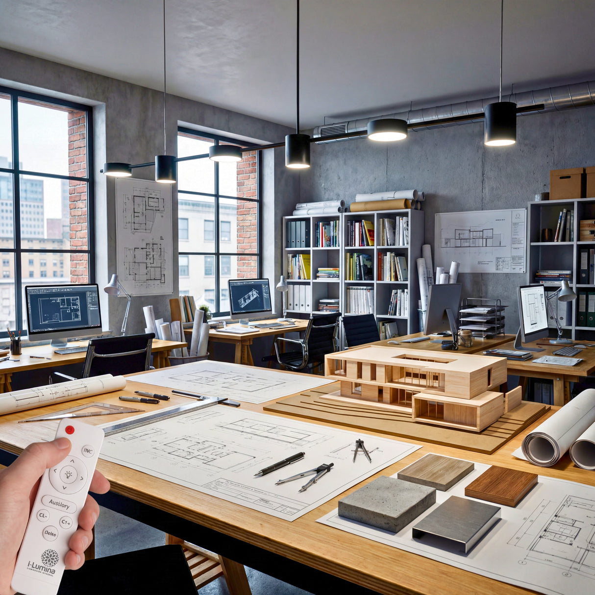 Lampara lineal led profesional instalada sobre mesa de dibujo en estudio de arquitectura.