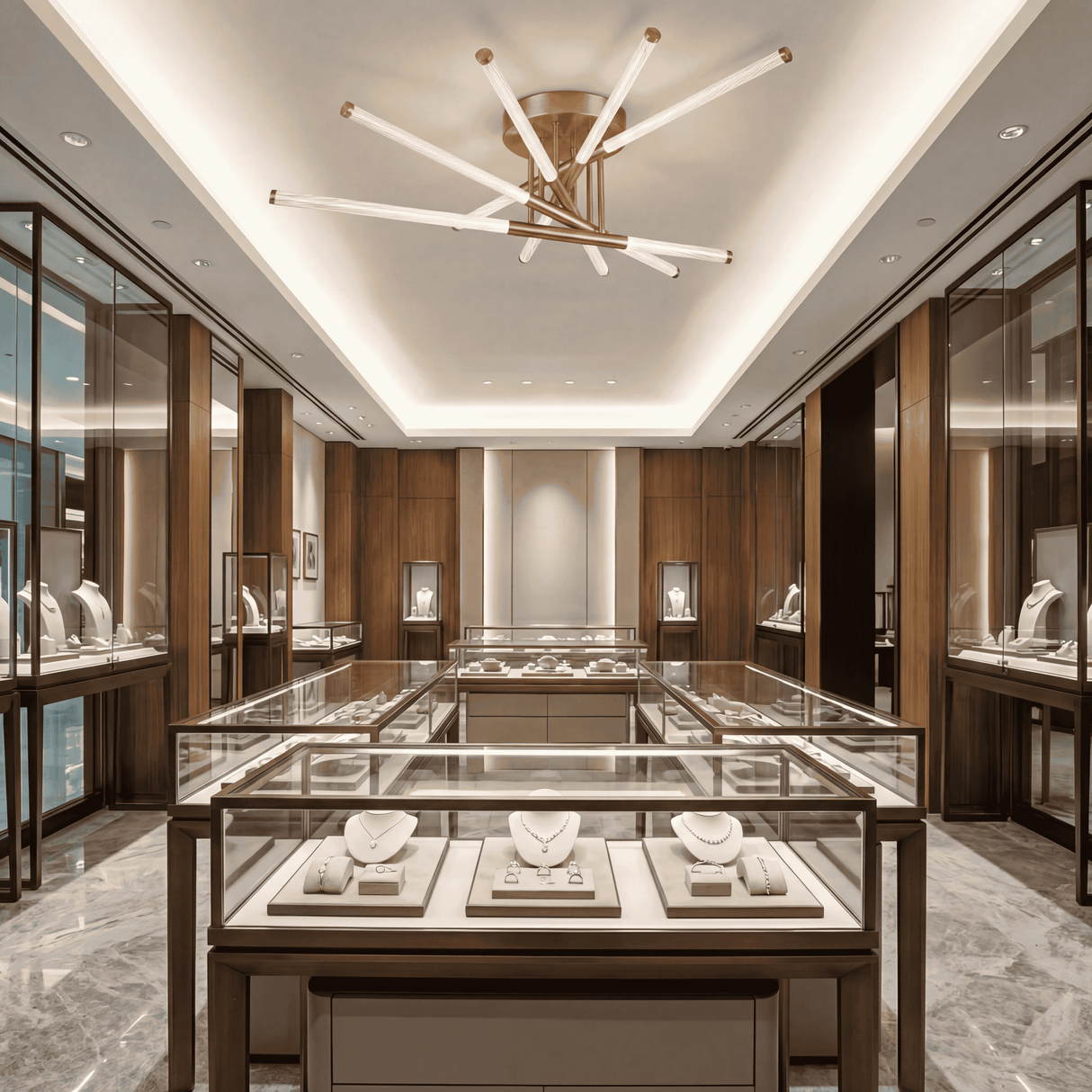 Aplicación en joyería premium resaltando materiales nobles mediante luz blanca neutra.